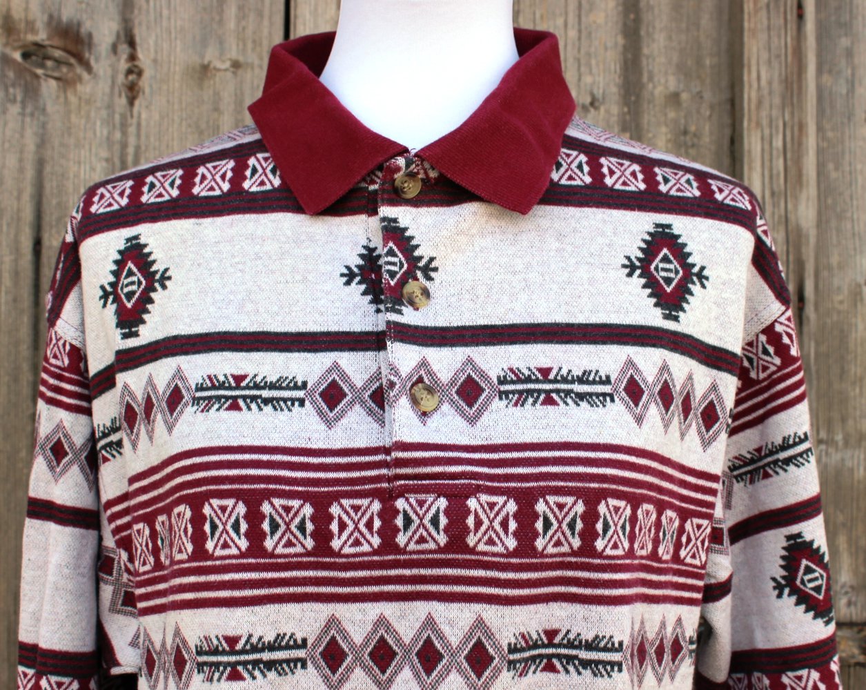 creme rot grauer Vintage Pullover mit Aztekenmuster, Marcel Clair, Größe 40/42